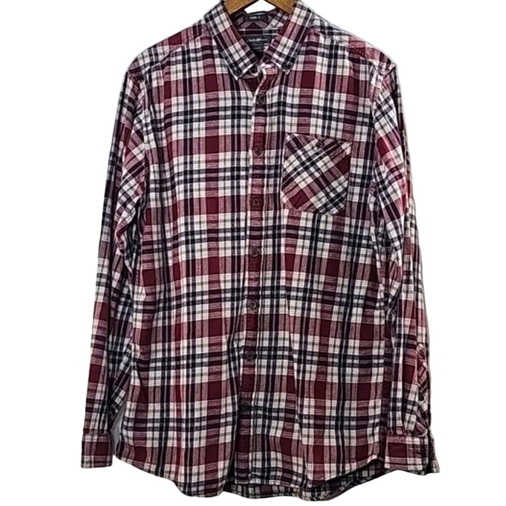 Eddie Bauer Men Sz L Tall Classic Fit Plaid Cotton Long Sleeve Button Down Shirt